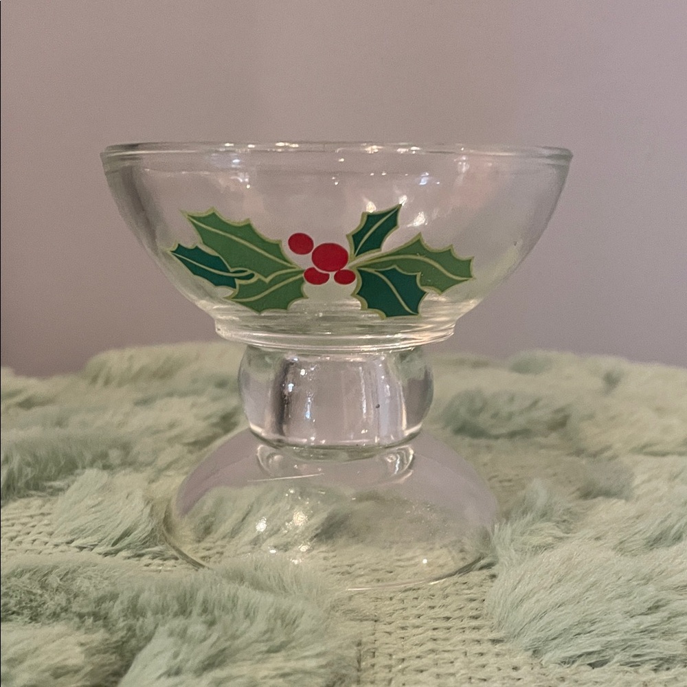 Holiday Glass Candle Holder with Holly Design vintage Avon 1981